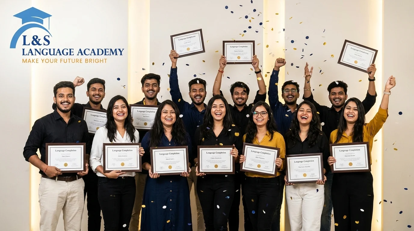 Home 19 Successful LNS Language Academy students holding completion certificates Kolkata